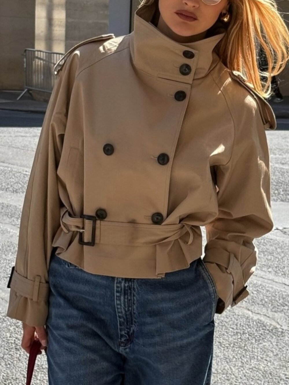 Khaki Casual Women's Double Button Puff Sleeve Funnel Neck Shacket